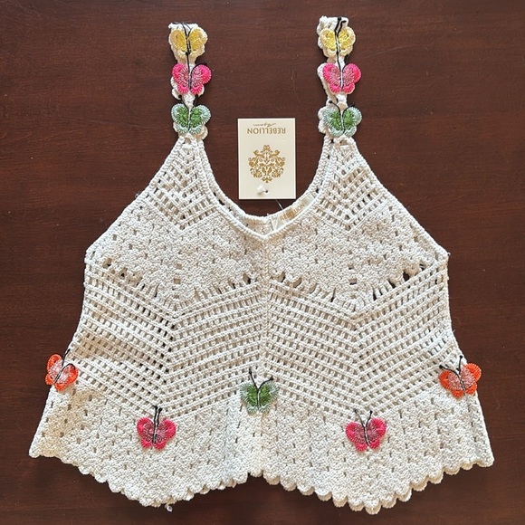 Brand New Rebellion Again Cream Crochet Tank Top Boho Crop Butterfly Cotton - Picture 8 of 15